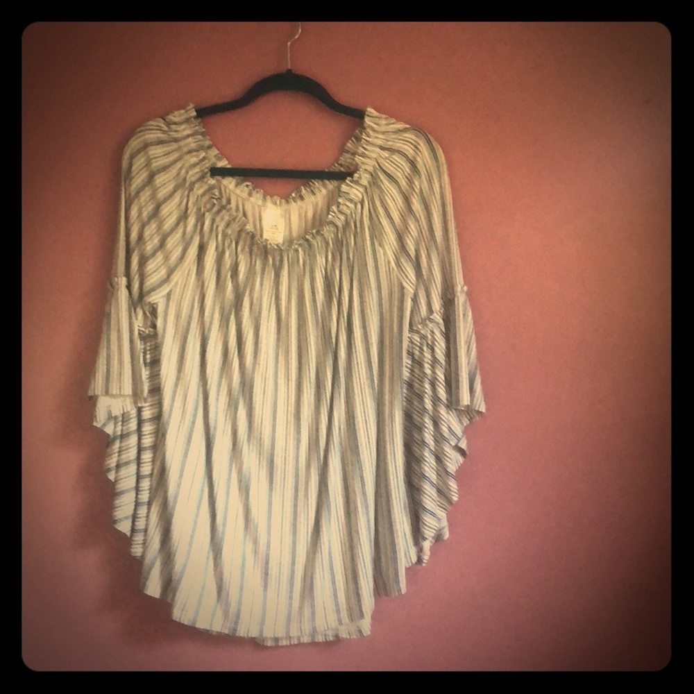 BOHO BLUE AND WHITE STRIPED FLOWY BLOUSE